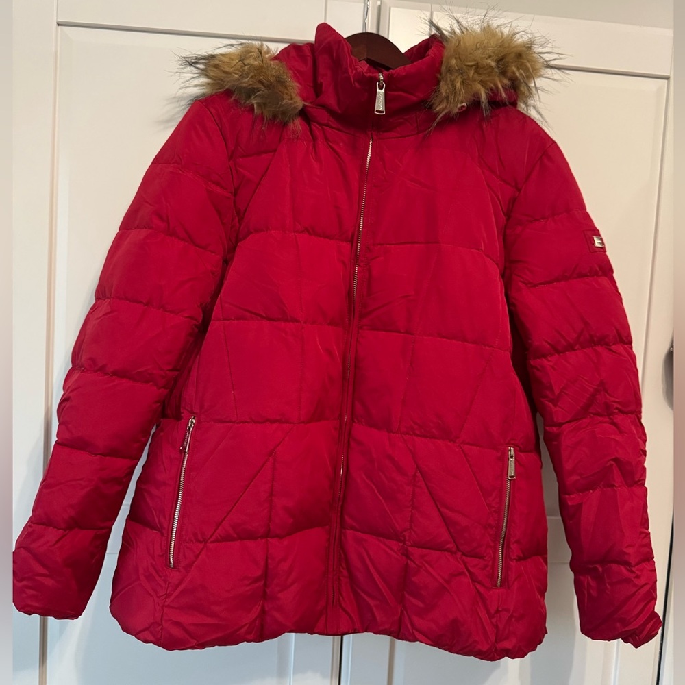 Calvin Klein Red Puffer Jacket with Fur Trim